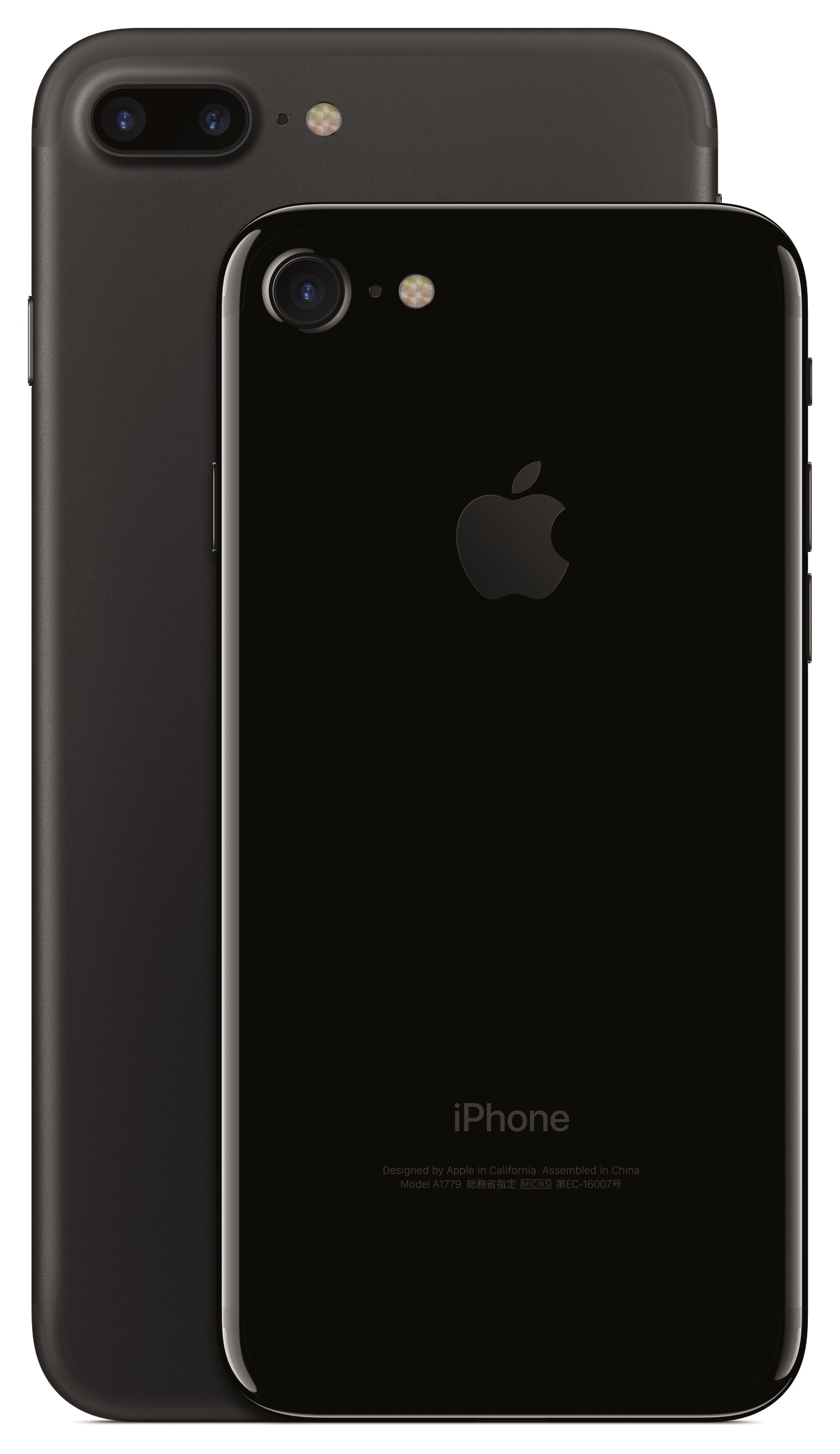 Apple's iPhone 7 Plus in gray at the back, with the iPhone 7 in Jet Black in the forefront.