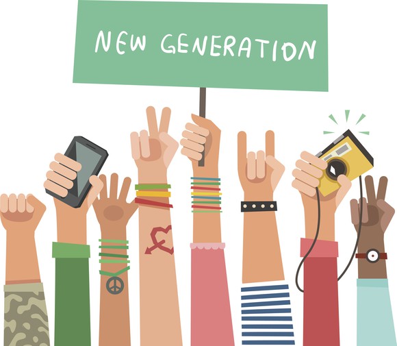Drawing of young peoples' hands in the air, with one hand holding up a sign that reads "New Generation".
