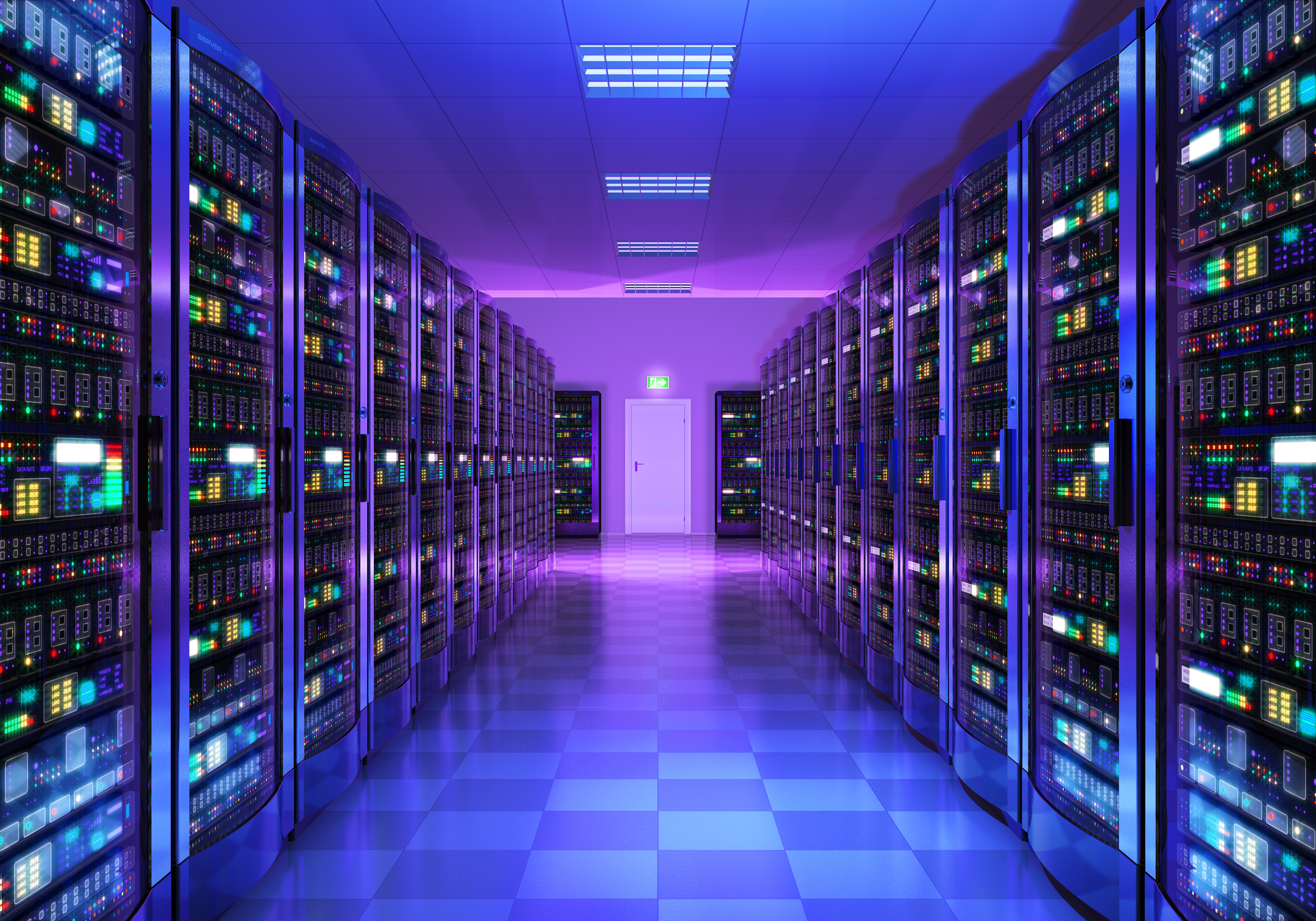 Image of two rows of servers inside of a data center