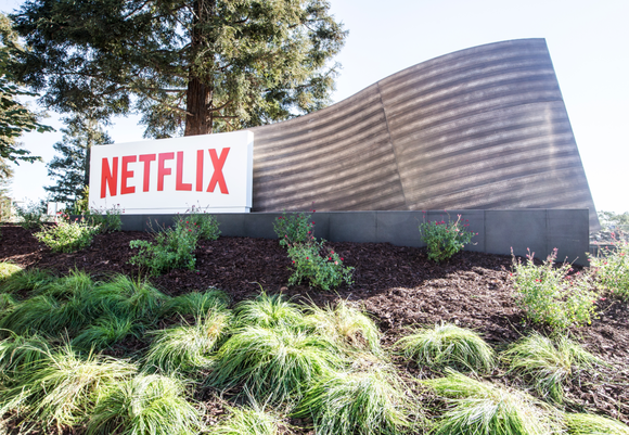 Netflix logo outside of headquarters.