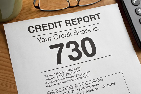 A mockup of a credit report with a credit score of 730 in large print.
