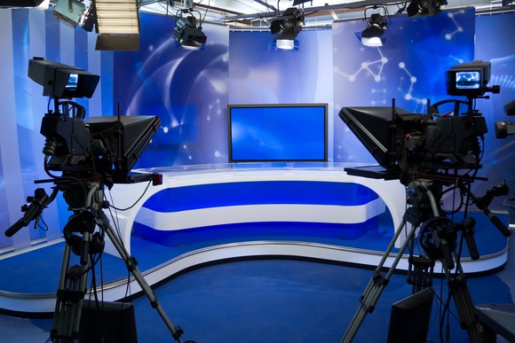 TV studio with camera and lights.