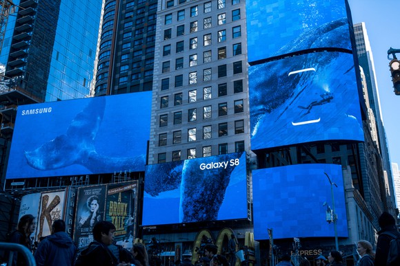 Massive advertising panels tout Samsung's recently released Galaxy S8 handset outside its launch event.