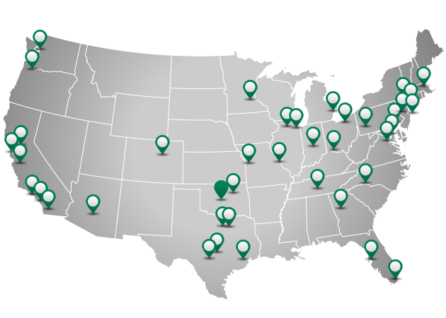 map of U.S. with Paycom offices highlighted