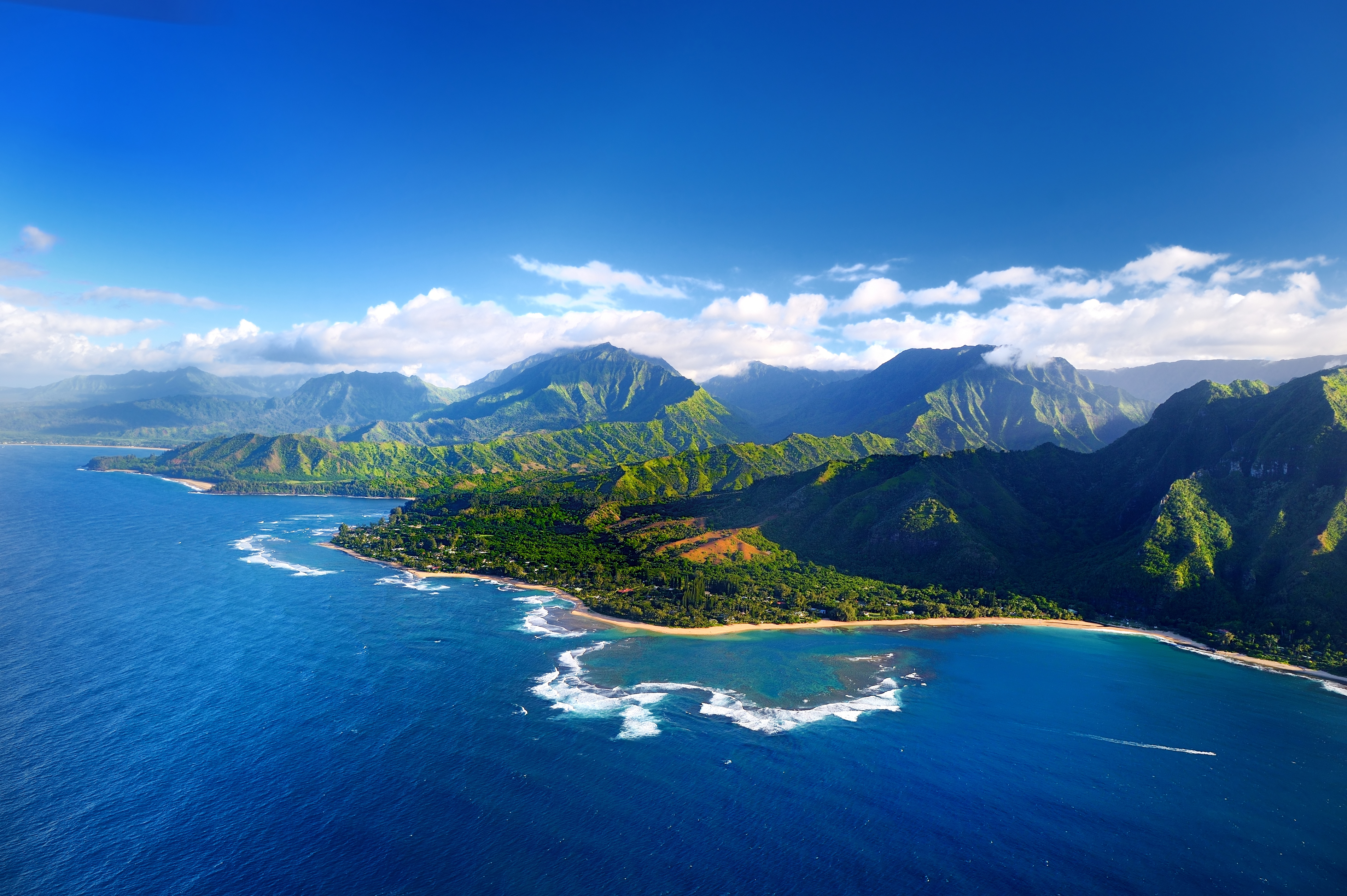 Image showing the aerial view of spectacular Na Pali coast of Kauai island, including mountains and sea.