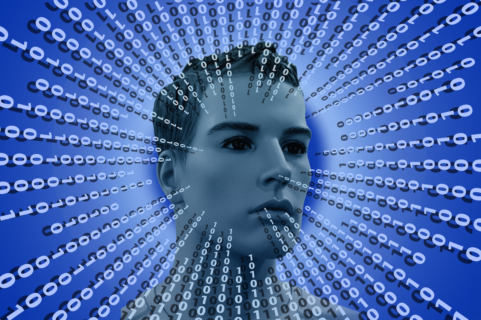 Male mannequin head surrounded by binary code.