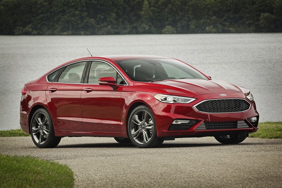 A red Ford Fusion Sport sedan