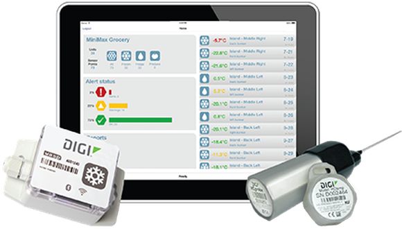 A picture of Digi's Honeycomb service, which includes a thermometer, a gateway for gathering data, and a mobile app for employees to monitor information from.