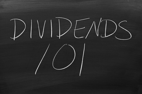 The words 'Dividends 101' on a blackboard in chalk