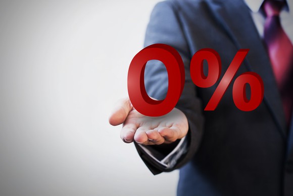 Torso of man in suit, holding out a big red 0%