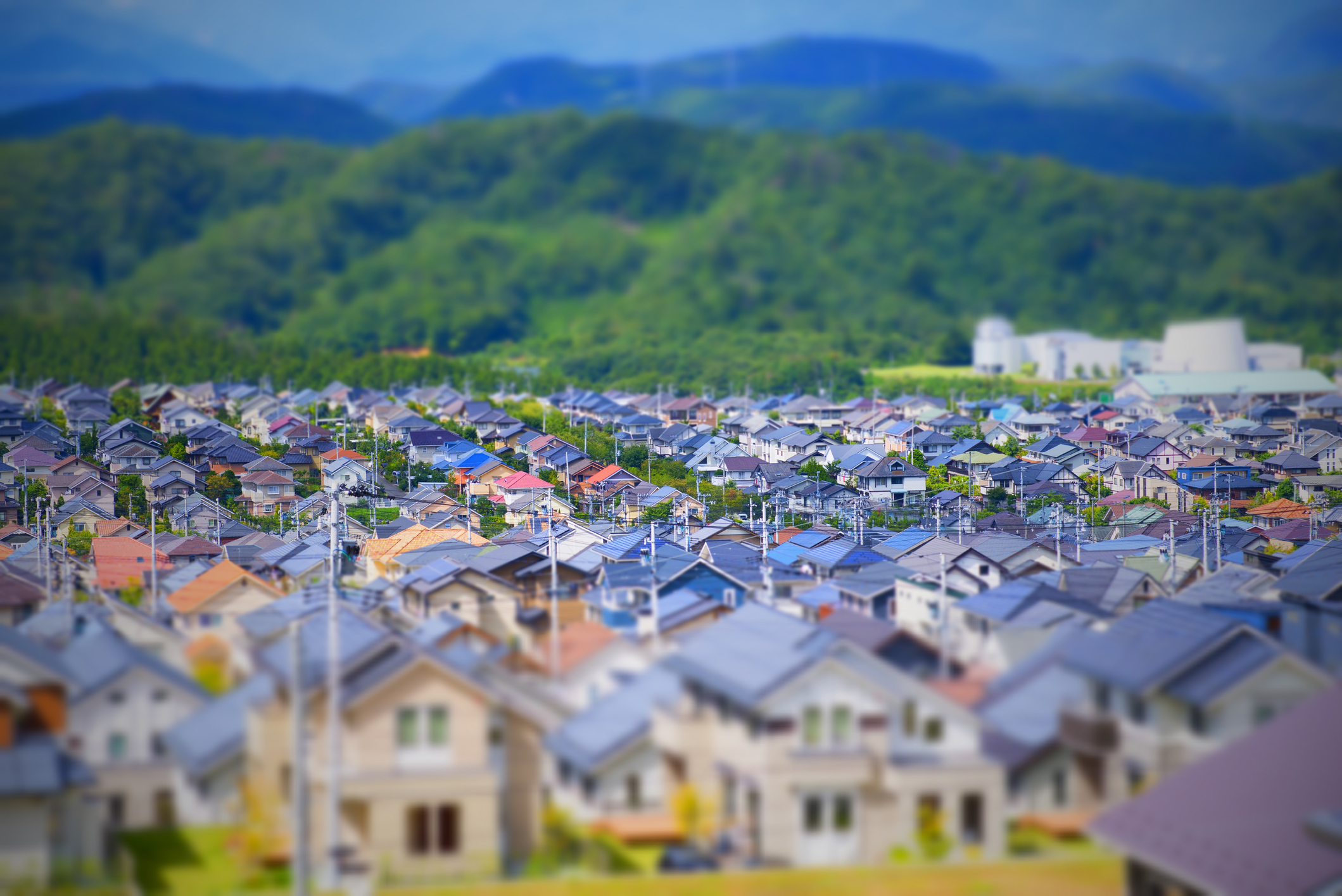 A community of residential houses and a commercial business connected to the same power grid.