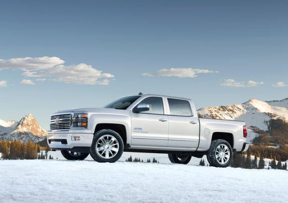 A Chevy Silverado pickup in a mountainous setting.