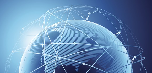 Illustration of Earth surrounded by a constellation of internet satellites