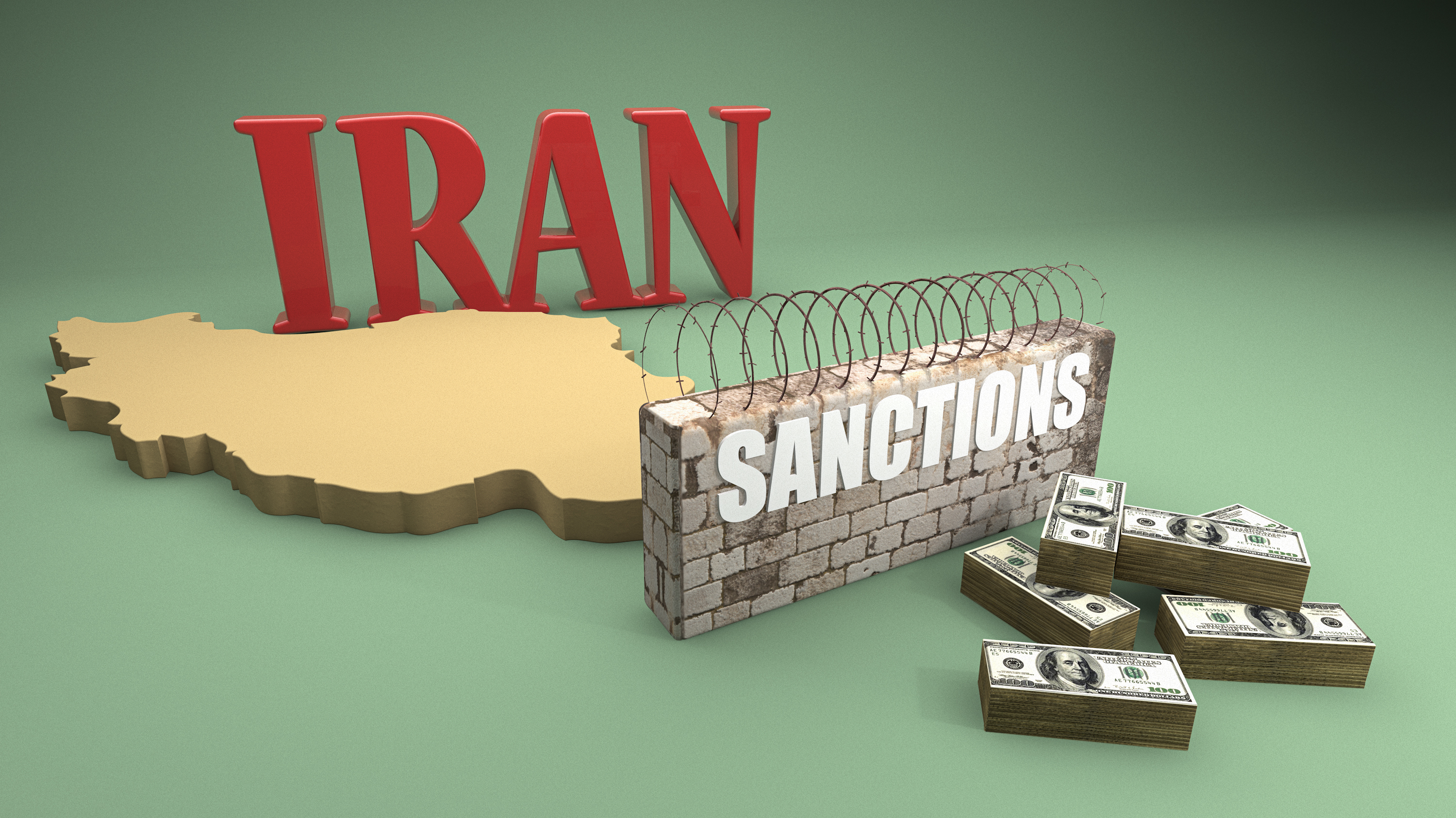 The map outline of the country of Iran and the word "Sanctions".
