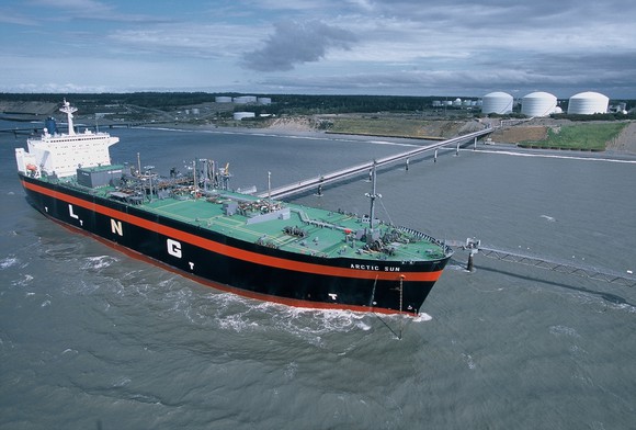 A natural gas tanker ship docked at a fueling station