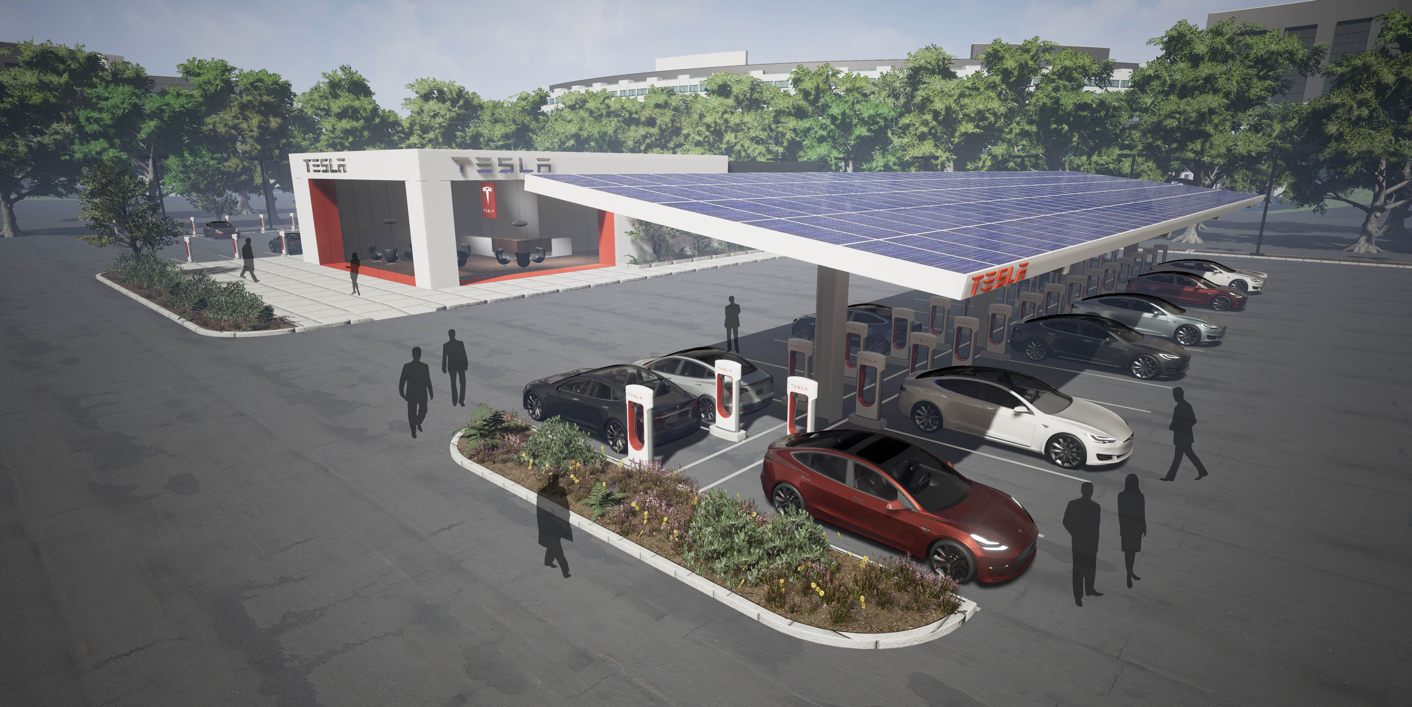 Rendering of Tesla's plan for large Superchargers with customer centers