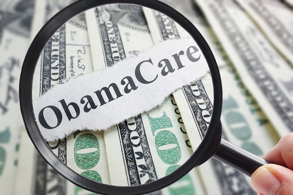 Magnifying glass looking at word "Obamacare" set against dollar bills