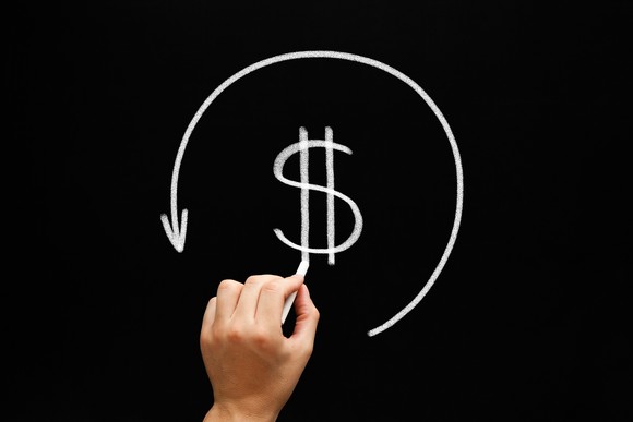 A dollar sign with an arrow meant to signify a rebate or money coming back