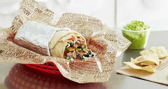 Chipotle burrito and chips with guacamole.