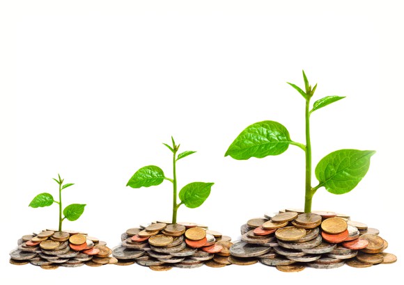 Plants growing out of progressively larger piles of coins.