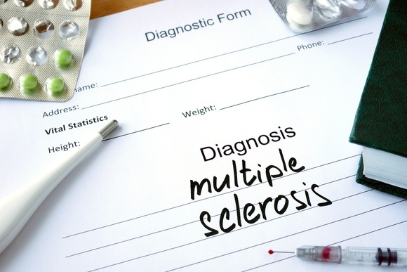 Clipboard with Diagnosis: Multiple Sclerosis written on it.