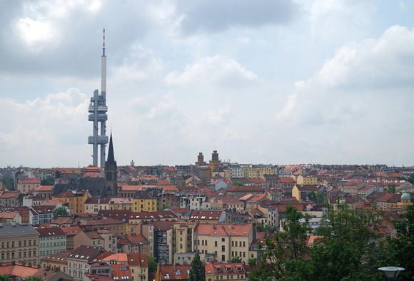 Zizkov TV Tower over Prague skyline.