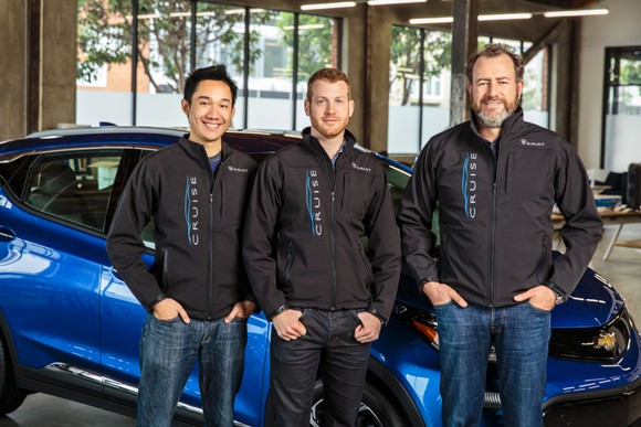 Source: General Motors; General Motors President Dan Ammann (right) with Cruise Automation co-founders Kyle Vogt (center) and Daniel Kan (left)