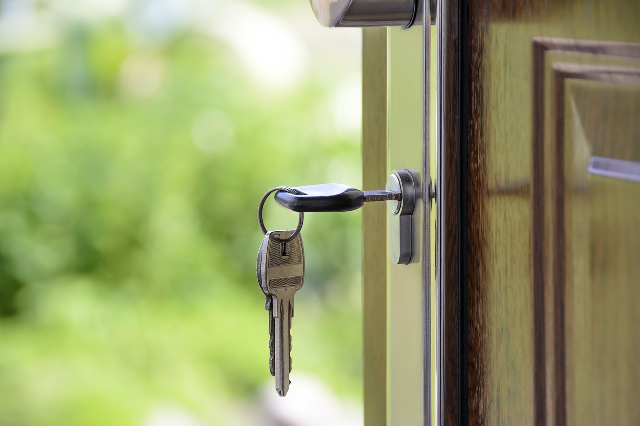 A key sitting in the lock of a front door.