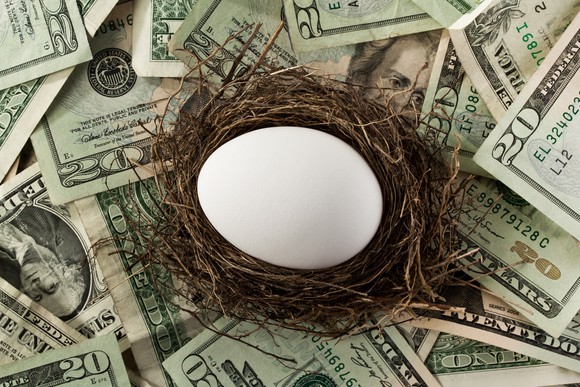 A nest egg surrounded by U.S. dollar bills.