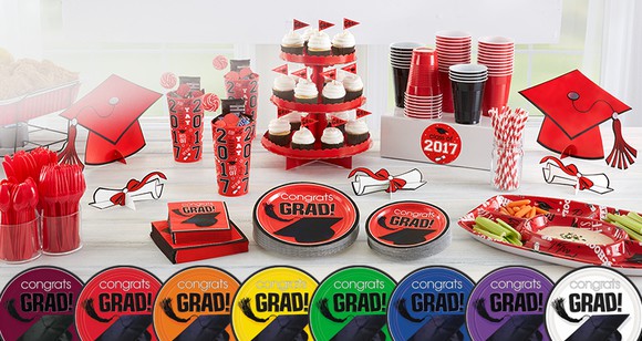 An arrangement of grad-party merchandise.