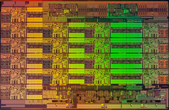A silicon die shot of Intel's Haswell-EP server processor.