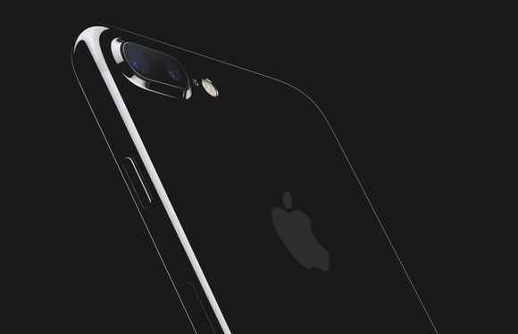 A jet black version of Apple's iPhone 7 Plus is set against a black background