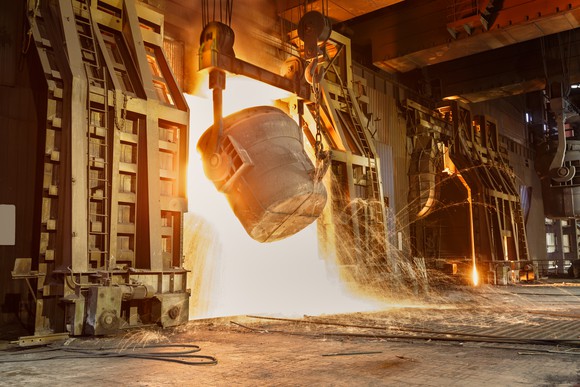 Smelting process at a steel mill.