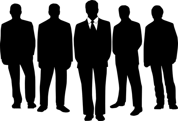 graphic of five businessmen in silhouette, the center one has a visible collar