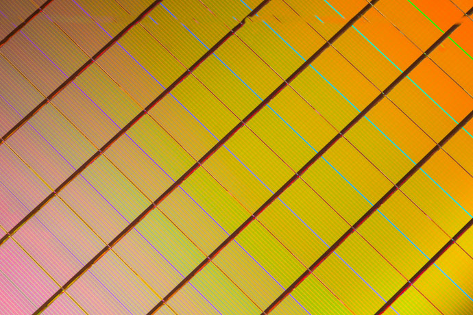 A wafer of Intel 3D XPoint memory chips.