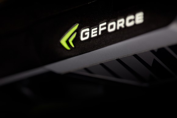 The GeForce logo on a graphics card.