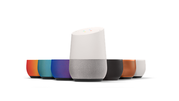 Google Smart Home Speaker with a variety of base colors.