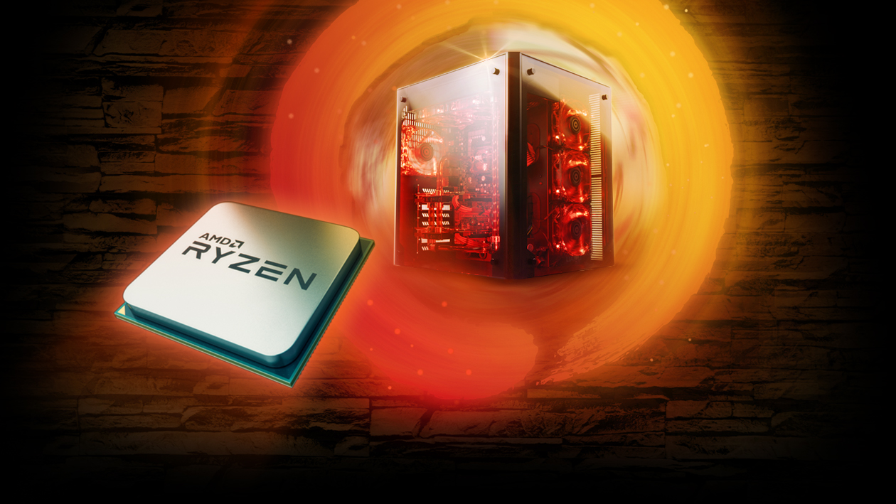 A Ryzen CPU against the backdrop of a powerful gaming PC.