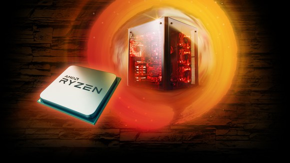 A Ryzen CPU against the backdrop of a powerful gaming PC.