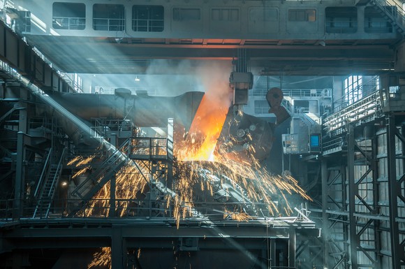 Molten steel poured out in a factory