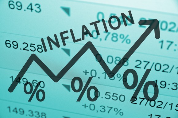 Word Inflation on up trend arrow, with financial data visible on the background.