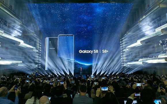 Samsung's Galaxy S8 is seen on stage at its introduction.