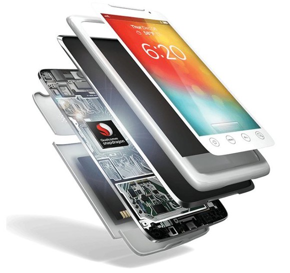 A cutaway of a smartphone revealing a Qualcomm processor inside.