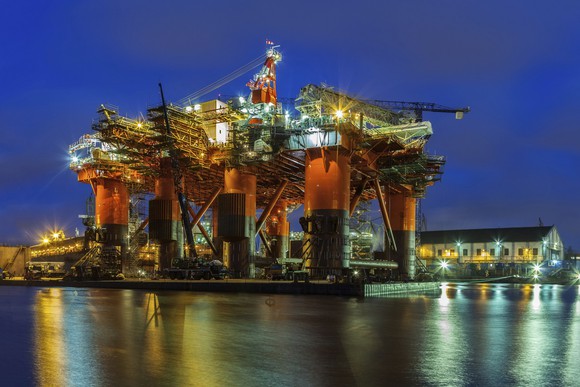 Jack-up rig in port for maintenance.