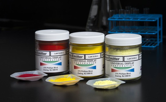 Various colors of emitter materials on a table
