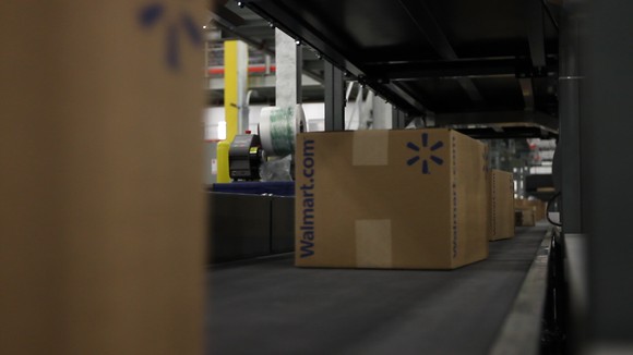 Packages on a conveyor at Wal-Mart set for shipping