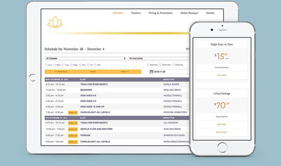 A picture of a tablet and smart phone booking fitness classes on the MindBody app.