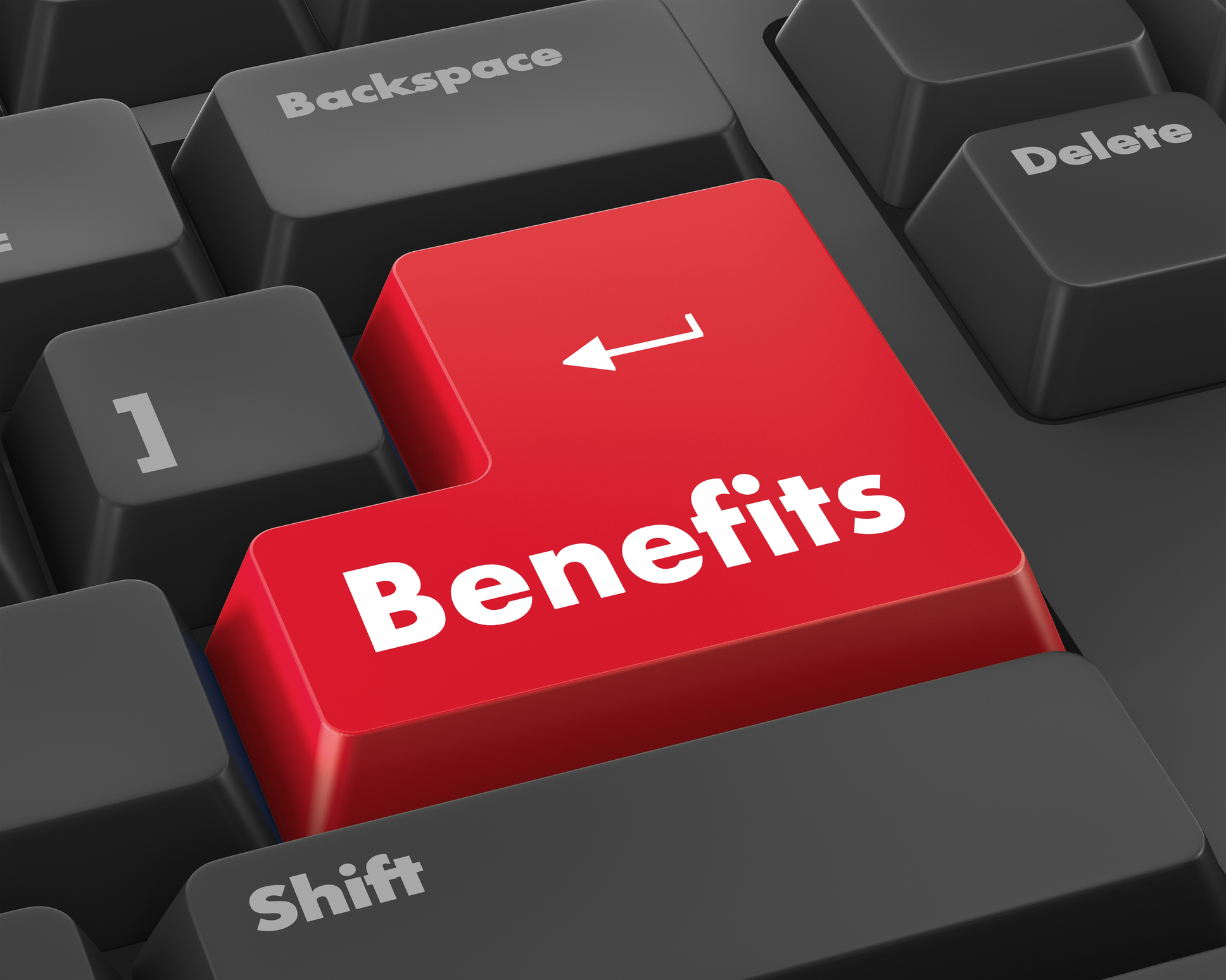 Computer keyboard with a red "Benefits" button.