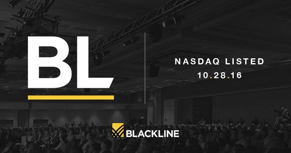 The Blackline logo, ticker, and date of Nasdaq listing are superimposed over a picture of people sitting in an auditorium.