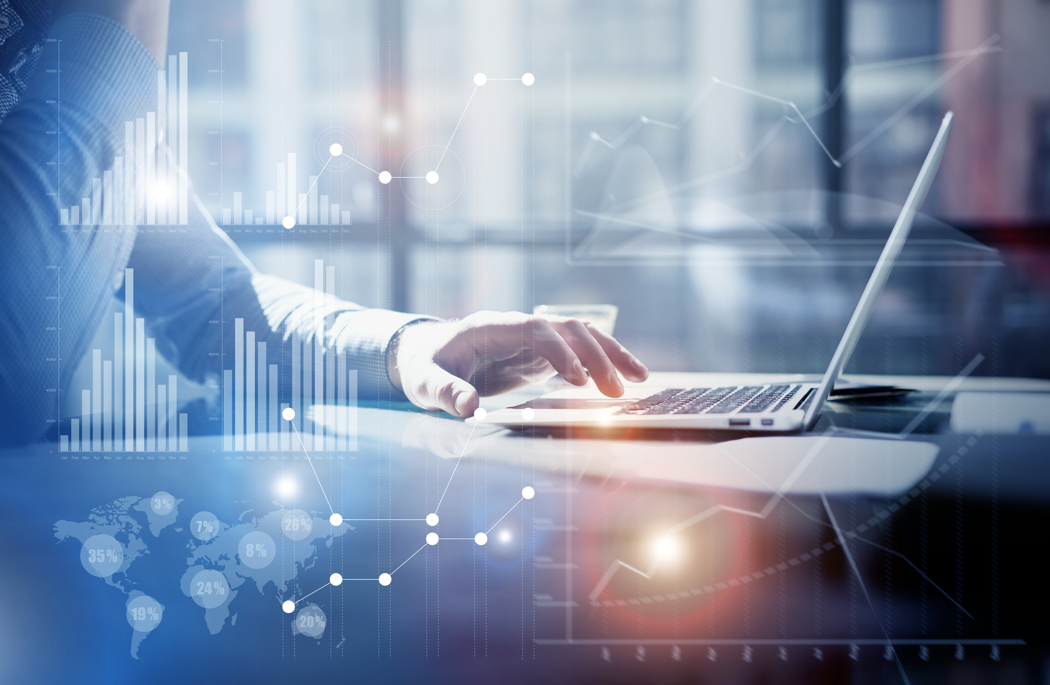 A person at a laptop, overlaid with a stylized diagram of a global data network
